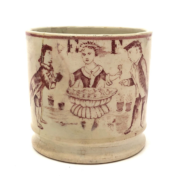C. 1830s-40s Staffordshire Alphabet Child's Mug, Flower Seller (Hairline Crack Repair)