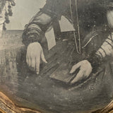 1850s Quarter Plate Daguerreotype of Woman Holding Union Case in Rare Hanging Gutta Percha Frame