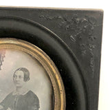 1850s Quarter Plate Daguerreotype of Woman Holding Union Case in Rare Hanging Gutta Percha Frame