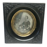 1850s Quarter Plate Daguerreotype of Woman Holding Union Case in Rare Hanging Gutta Percha Frame