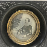 1850s Quarter Plate Daguerreotype of Woman Holding Union Case in Rare Hanging Gutta Percha Frame