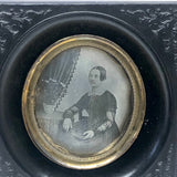 1850s Quarter Plate Daguerreotype of Woman Holding Union Case in Rare Hanging Gutta Percha Frame