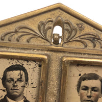 Rare Brass Standing Gem Tintype Double Frame, With Portraits of Young Men As Found