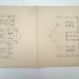 Pair of Antique Graphite Drawings on Houses on Folded Paper