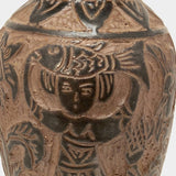 Incised Okinawan Pottery Vase With Woman Holding Fish, Signed
