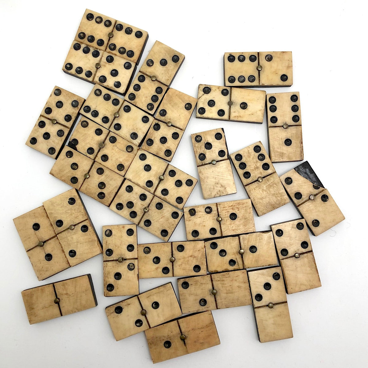 Miniature Antique Bone and Ebony Dominoes with Brass Spinners
