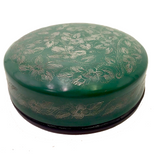 Green and Silver Round Lidded Burmese Lacquer Box with Incised Flowers and Vines
