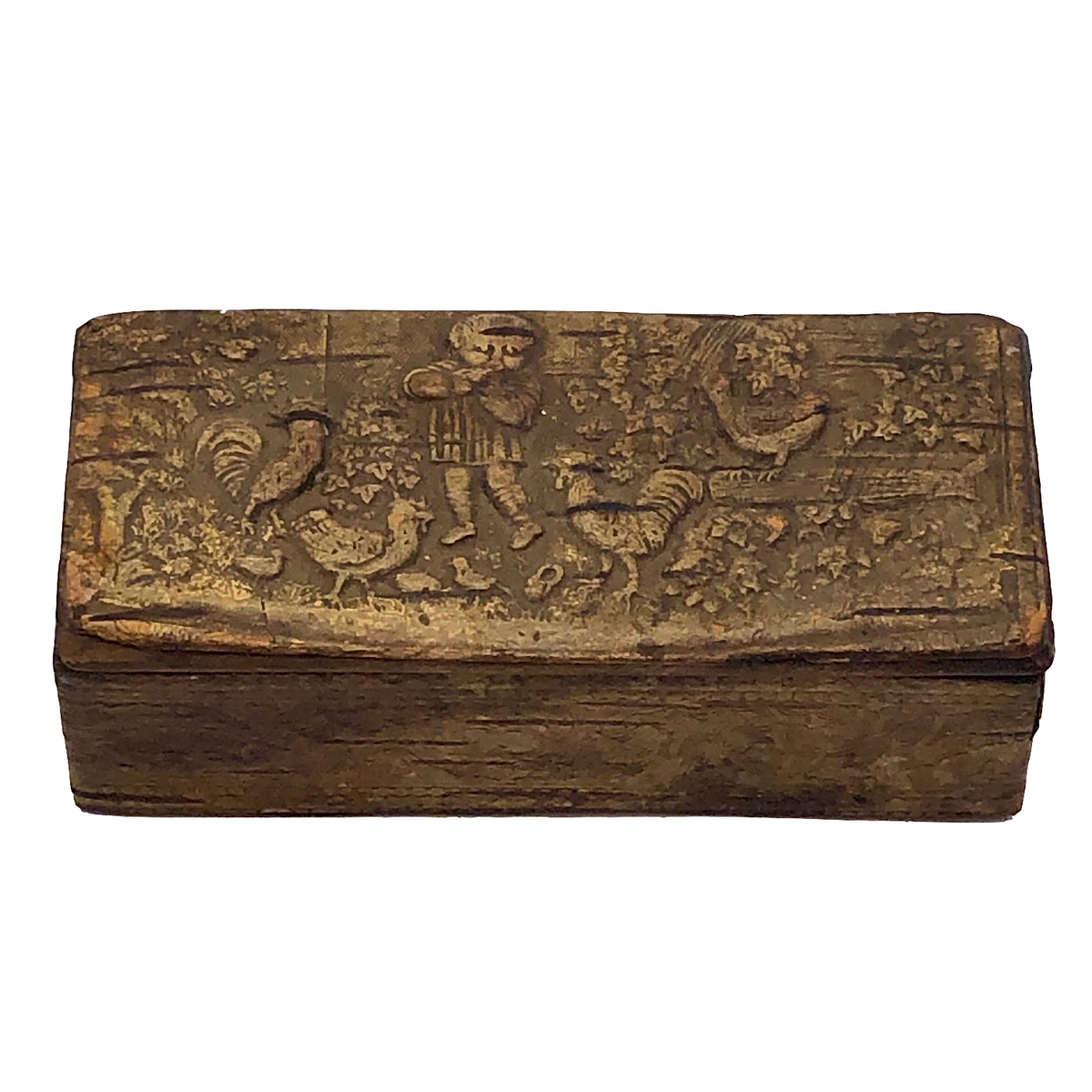 Pressed Birch Bark Antique Snuff Box with Child and Chickens critical