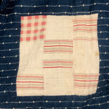 Boldly Graphic Handmade Quilt, Indigo Calico with Piecework Squares and Shirting Fabric Reverse