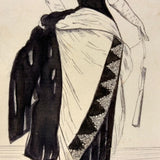 Woman with Fan and Bustle, 1886 Signed Ink Drawing, Mounted as Found