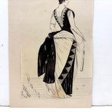 Woman with Fan and Bustle, 1886 Signed Ink Drawing, Mounted as Found