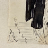 Woman with Fan and Bustle, 1886 Signed Ink Drawing, Mounted as Found