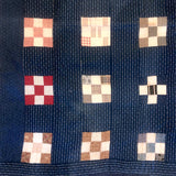 Boldly Graphic Handmade Quilt, Indigo Calico with Piecework Squares and Shirting Fabric Reverse