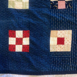 Boldly Graphic Handmade Quilt, Indigo Calico with Piecework Squares and Shirting Fabric Reverse