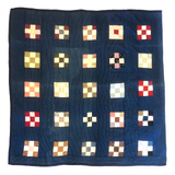 Boldly Graphic Handmade Quilt, Indigo Calico with Piecework Squares and Shirting Fabric Reverse