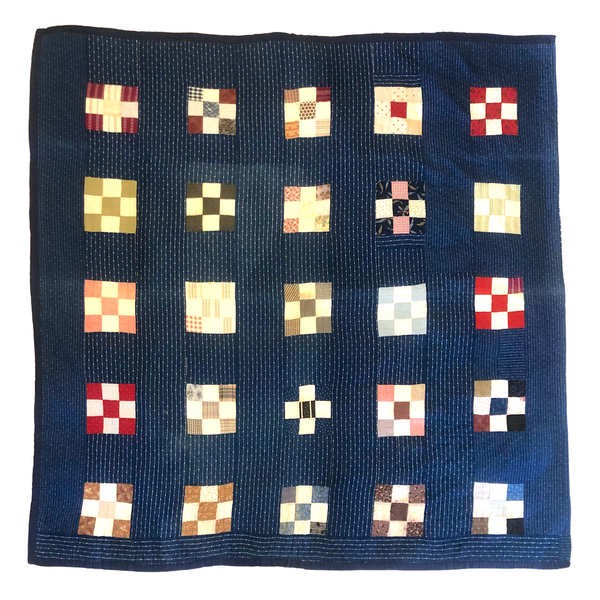 Boldly Graphic Handmade Quilt, Indigo Calico with Piecework Squares and Shirting Fabric Reverse