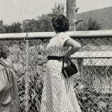 Woman in Stripes, Girl on Crutches, Looking Up at Animal in Tower, Vintage Glossy Snapshot