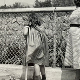 Woman in Stripes, Girl on Crutches, Looking Up at Animal in Tower, Vintage Glossy Snapshot