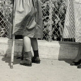 Woman in Stripes, Girl on Crutches, Looking Up at Animal in Tower, Vintage Glossy Snapshot