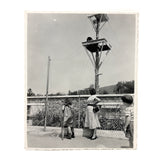 Woman in Stripes, Girl on Crutches, Looking Up at Animal in Tower, Vintage Glossy Snapshot