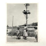 Woman in Stripes, Girl on Crutches, Looking Up at Animal in Tower, Vintage Glossy Snapshot