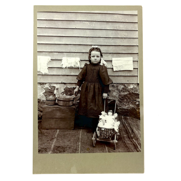 Proud Girl with Doll in Carriage, Wash Buckets, Linens on Clothesline, Antique Mounted Albumen Photo