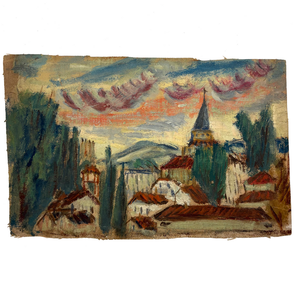 Red Roofs, Blue Steeple, Moody Sky, Adelaide Lawson Expressionistic Oil on Canvas Sketch/Fragment