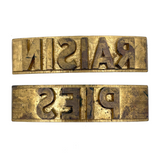RAISIN PIES, Classic Pair of 5 Inch Heavy Brass Curved Print Blocks, c. 1940s-50s