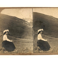 Homemade Antique Stereoview, Seated Woman in Hat in Landscape