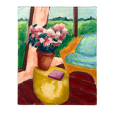 Potted Flowers with Chair and View, Cheerful c. 1980s Acrylic on Cardboard Painting