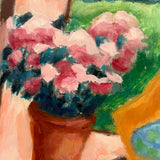 Potted Flowers with Chair and View, Cheerful c. 1980s Acrylic on Cardboard Painting