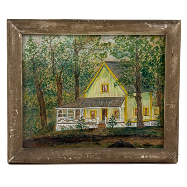 Yellow Cottage in the Woods, Charming Old Folk Art Watercolor, Framed as Found
