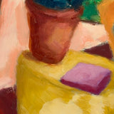 Potted Flowers with Chair and View, Cheerful c. 1980s Acrylic on Cardboard Painting