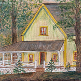 Yellow Cottage in the Woods, Charming Old Folk Art Watercolor, Framed as Found