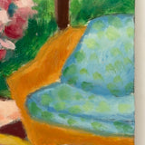 Potted Flowers with Chair and View, Cheerful c. 1980s Acrylic on Cardboard Painting