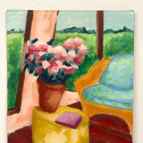 Potted Flowers with Chair and View, Cheerful c. 1980s Acrylic on Cardboard Painting