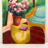 Potted Flowers with Chair and View, Cheerful c. 1980s Acrylic on Cardboard Painting