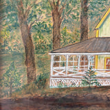 Yellow Cottage in the Woods, Charming Old Folk Art Watercolor, Framed as Found