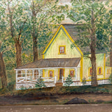 Yellow Cottage in the Woods, Charming Old Folk Art Watercolor, Framed as Found