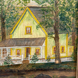 Yellow Cottage in the Woods, Charming Old Folk Art Watercolor, Framed as Found