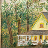 Yellow Cottage in the Woods, Charming Old Folk Art Watercolor, Framed as Found