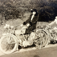 Two Women in Hats on Early Motorcycles (Pope and Emblem), C. 1910s Snapshot
