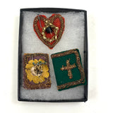 Heart, Bible, Flower, Three Hand-sewn Devotional "Breverl" with Wire, Metallic Thread and Beaded Decoration