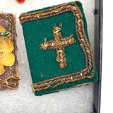 Heart, Bible, Flower, Three Hand-sewn Devotional "Breverl" with Wire, Metallic Thread and Beaded Decoration
