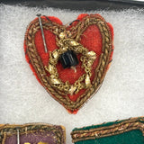 Heart, Bible, Flower, Three Hand-sewn Devotional "Breverl" with Wire, Metallic Thread and Beaded Decoration
