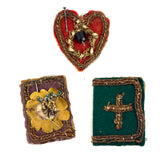 Heart, Bible, Flower, Three Hand-sewn Devotional "Breverl" with Wire, Metallic Thread and Beaded Decoration