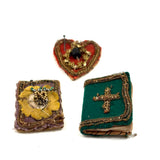 Heart, Bible, Flower, Three Hand-sewn Devotional "Breverl" with Wire, Metallic Thread and Beaded Decoration