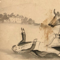 Early-Mid 19th C. Watercolor - Man Tackled By Cow and Horse!