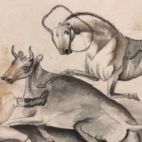 Early-Mid 19th C. Watercolor - Man Tackled By Cow and Horse!