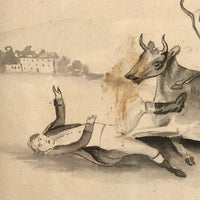 Early-Mid 19th C. Watercolor - Man Tackled By Cow and Horse!